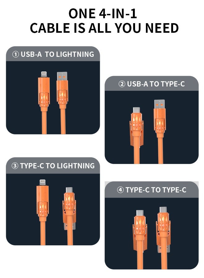 وابيك كابل شحن سريع 4 في 1 من علامة كورية، قوة 60 واط، USB-A و Type-C إلى Type-C / Lightning، سيليكون سائل، نقل بيانات 480Mbps، برتقالي - Image 4
